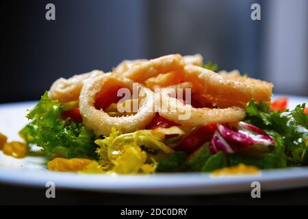 Tintenfisch-Salat zum Mittagessen im italienischen Sefood-Café serviert.Delicious Calamari Ringe in Fritteuse Öl für das Abendessen gebraten.Gourmet-Lebensmittel vorbereitet Mit Traditiona Stockfoto