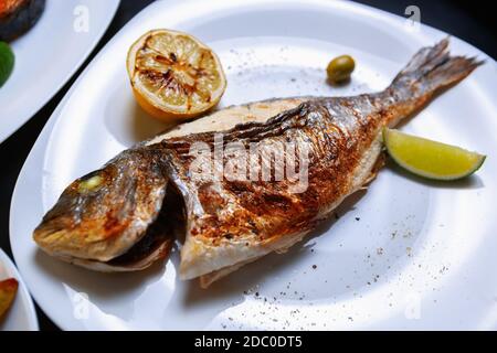 Köstliche Seebarsch Fisch im Grill in Meeresfrüchte-Restaurant gekocht.Gourmet dorado Fisch gegrillt zum Abendessen Stockfoto