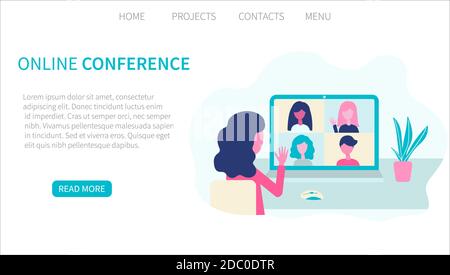 Videokonferenz. Personengruppe, virtuelles Meeting. Vektor-Konzept der Online-Kommunikation im flachen Design. Vorlage für die Landing-Page-Website. Vektor Stock Vektor