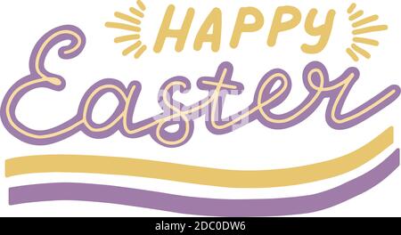 Frohe Ostern, Schrift Kalligraphie, bunt isoliert handschriftlich gelb, lila Text auf weißem Hintergrund. Vorlage für Typografie Poster, Banner Stock Vektor