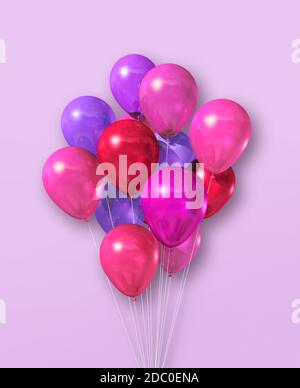 Lila Luftballons Gruppe auf einem rosa Hintergrund. 3D-Darstellung rendern Stockfoto