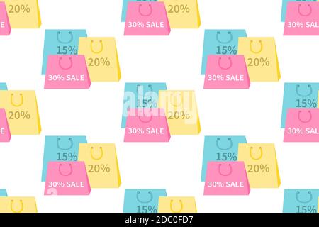 Verkauf, gelb, rosa, blau Pakete, Taschen mit der Aufschrift Rabatte.Vektor-Illustration in flachem Design isoliert auf weißem Hintergrund. Nahtlos Stock Vektor