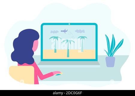 Online-Buchungskonzept. Frau bucht eine Tour für eine Reise von einem Laptop aus. Flugtickets und Hotelwebsite. Flugschein oder Versicherungsreserve Stock Vektor