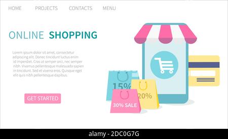 Online-Shopping in einem Online-Shop auf Smartphone und mobile Anwendung. . Vorlage für die Landing-Page-Website. Vektorgrafik für Web und Grafik Stock Vektor