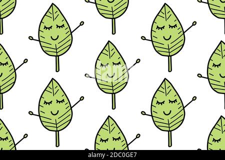 Niedliche verlassen nahtlose Muster. Cartoon grünen Gartenblatt, Herbst Blatt und gefallenen trockenen Blättern. Doodle botanischen Wald Pflanze Baum Laub. Für dein Material Stock Vektor