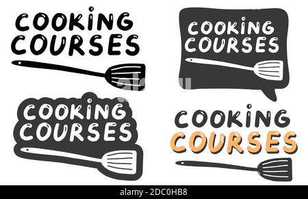 Kochkurse Logo Vorlagen gesetzt. Schrift Kalligraphie Illustration. Handgeschriebene Pinselsticker mit Text. Konzept der kulinarischen Ausbildung, Kochen Stock Vektor