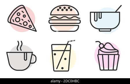 Symbole Für Lebensmittel Eingestellt. Burger, Pizza, Cupcake, Suppe, Kaffee, Getränk. Web-Symbol für Lebensmittelübersicht. Konzept von Mittag- und Abendessen. Für Restaurant-Websites. Vektor Stock Vektor