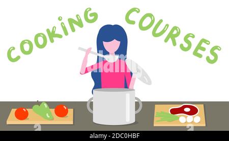 Kochkurse. Frau, die in der Küche kocht. Vektorgrafik in flacher Ausführung. Konzept des kulinarischen Trainings, Kochrezepte. Stock Vektor