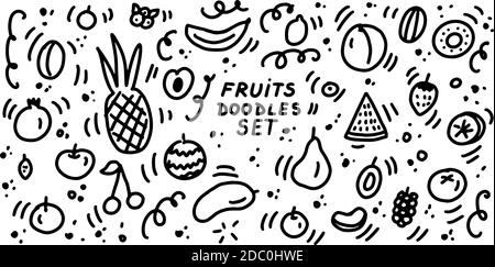 Früchte Doodles Icon Set. Sammlung von Skizzen von Früchten und Beeren. Handgezeichnete Linien Cartoon-Symbole gesetzt. Für Restaurants, Cafés, Menü, Textildrucke Stock Vektor