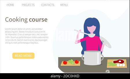 Kochkurse. Webbanner-Vorlage. Farbige Vektor-Illustration in flachem Stil für Werbung von Kochschule, Unterricht oder Unterricht. Stock Vektor