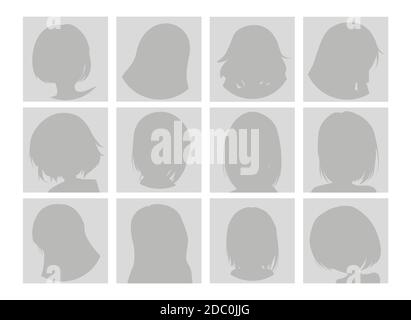 Vector Big Set von Anime Gesichter mit Haar. Flat Grey Icons of Girls für Web und Mobile. Avatar-Profil für Standardplatzhalter auf grauem Hintergrund. Grau Stock Vektor