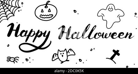 Frohe Halloween. Lettering Zitat für Grußkarten, Urlaubsgrüße. Text mit Kürbis, Ghost, Fledermaus im Doodle-Stil. Cartoon Vektorgrafik Stock Vektor