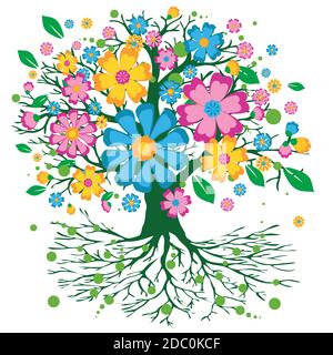 Ein bunter Baum des Lebens mit einer Krone voller bunter Blumen. Der Hintergrund ist weiß Stock Vektor