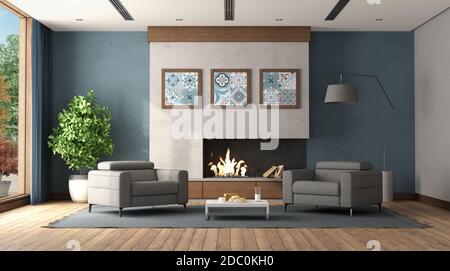 Modernes Wohnzimmer mit Kamin und zwei grauen Sessel - 3d-Rendering Stockfoto