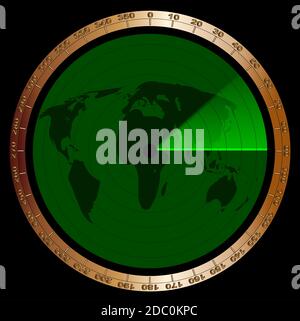 Der Bildschirm einer typischen Radar in grün mit Abstufungen und eine Karte der Kontinente Stockfoto
