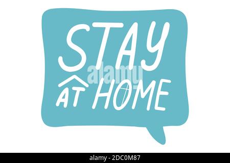 Bleib zu Hause, Coronavirus, Quarantäne, covid-19 Konzept. Schrift Kalligraphie Illustration. Handgeschriebener Pinsel trendy blauer Aufkleber mit Text isoliert auf Stock Vektor