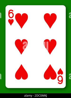 Eine sechs Herzen Spielkarte mit Beschneidungspfad Um Hintergrund und Schatten zu entfernen Stockfoto