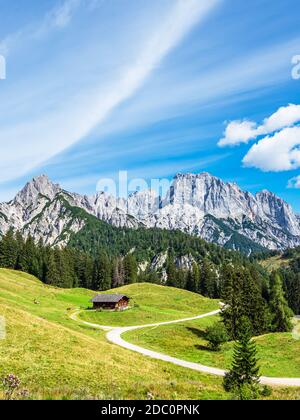 Blick auf die Litzlalm in den Alpen, Österreich. Stockfoto