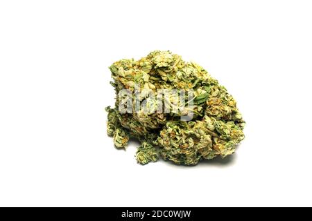 Eine große und frische Orange und Grün Cannabis Nug auf Ein reiner weißer Hintergrund Stockfoto