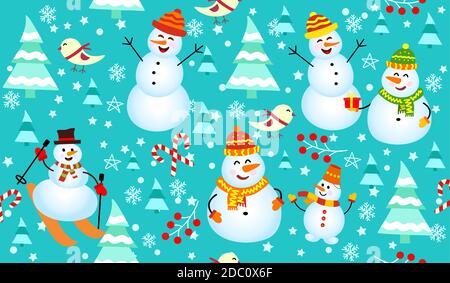 Wintermuster mit Schneemännern, Schneeflocken und weihnachtsbäumen. Familie Schneemann auf blauem Hintergrund. Vektor Nahtloses Muster. Kann für Weihnachtskarten oder Geschenkpapier verwendet werden. Stock Vektor