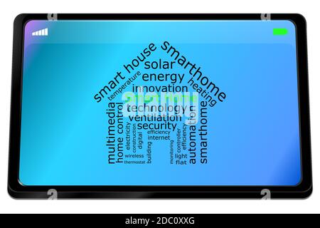 Tablet-Computer mit Smart Home Wordcloud auf blauem Desktop - 3D-Abbildung Stockfoto