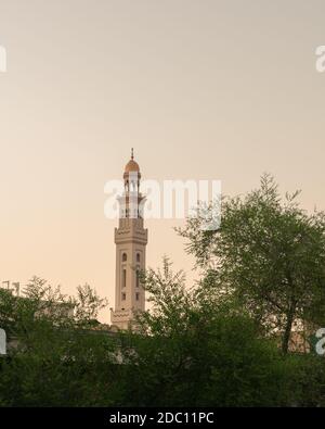 Ein Minarett einer Moschee im Hintergrund und einige Zweige mit grünen Blättern im Vordergrund. Stockfoto