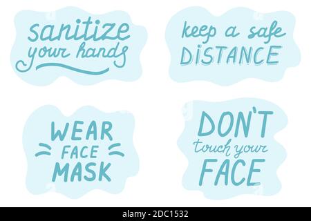Prävention von Coronavirus und Grippe-Set. Medizin und Gesundheitskonzept. Schrift Kalligraphie Illustration. Vektor eps handschriftliche Pinsel trendy blauen Text Stock Vektor