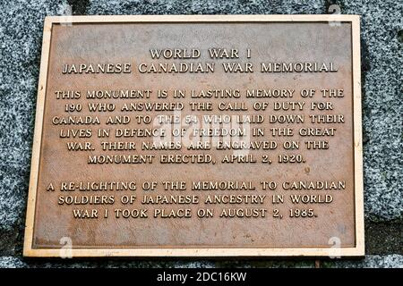 Japanese Canadian war Memorial (1920) im Stanley Park, Vancouver, wurde errichtet, um japanische Kanadier zu gedenken, die im Ersten Weltkrieg kämpften und starben Stockfoto