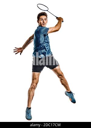 Ein kaukasischer junger Badmintonspieler im Studio isoliert auf Weißer Hintergrund Stockfoto