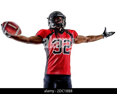 ein american-Football-Spieler-Mann isoliert auf weißem Hintergrund Stockfoto