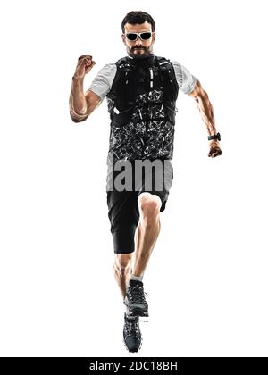 Ein kaukasischer Mann Trail Runner running Silhouette auf weißem Hintergrund Stockfoto