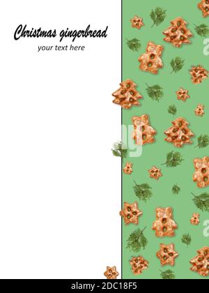 Weihnachts-Cookie-Muster.Grün nahtlose Hintergrund.Winterferien Dessert Dekoration.Kreative Anordnung Lebkuchen und Wacholderzweig Stockfoto