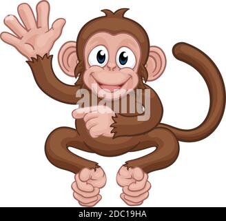 Monkey Cartoon Tier Winken und Zeigen Stock Vektor