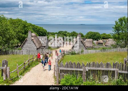 Plimoth Plantation in Plymouth. Dieses Freilichtmuseum repliziert die ursprüngliche Siedlung in der Plymouth Colony, wo das erste Thanksgiving stattfand. Stockfoto