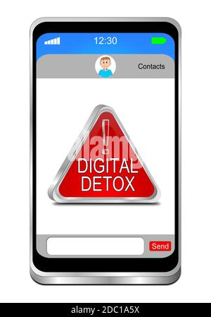 Smartphone mit rotem Digital Detox - Social Media-Zeichen auf weißem Display - 3D-Illustration Stockfoto