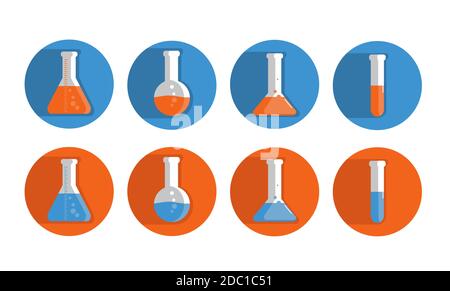 Farbige Flaschen und Teströhrchen auf weißem Hintergrund. Vektorset Symbole für Web und mobile. Flaches Design Chemie Labor Experiment, Ausrüstung. EPS Stock Vektor