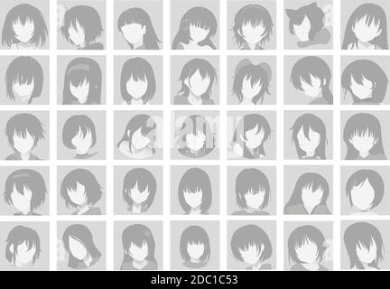 Vector Big Set von Anime Gesichter mit Haar. Flat Grey Icons of Girls für Web und Mobile. Avatar-Profil für Standardplatzhalter auf grauem Hintergrund. Grau Stock Vektor