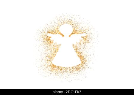 Engel Weihnachtsdekoration auf goldenem Glitter isoliert auf weißem Hintergrund Stockfoto