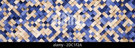 Wand aus kleinen blauen und orangefarbenen Quadraten Fliesen angeordnet in Zufällige Höhe 3D Muster Hintergrund Illustration Stockfoto