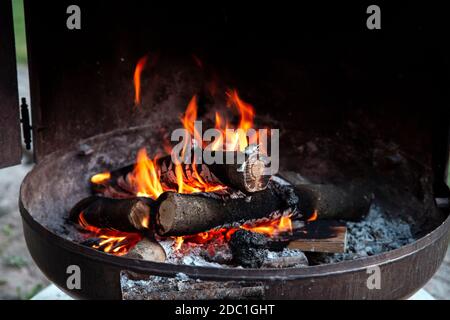 Lagerfeuer in Metallbehälter, Feuerring Nahaufnahme von brennenden Baumstämmen und helle Flammen des Feuers Nahaufnahme Stockfoto