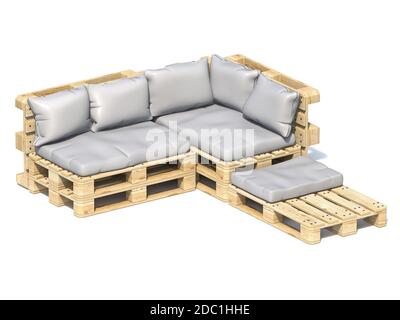 Holzpalette großes Sofa 3D Rendern Illustration isoliert auf weiß Hintergrund Stockfoto