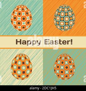 Farbenfrohes Osterkartendesign mit geometrisch gemusterten Eiern und Banner. Stock Vektor