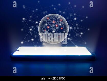 Konzept eines globalen Netzwerks und einer Welt der Kommunikation mit mobilen Hologramm-Grafiken als Erzählung. Stockfoto