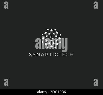 Synapse Struktur, abstrakter Vektor Logo Konzept. Synaptisches Tech-Emblem, isoliertes Symbol auf weißem Hintergrund. Logo mit rundem Punkt für Innovationen Stock Vektor