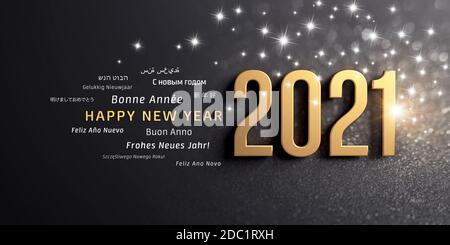Neujahrsdatum 2021 in Gold und Grußworten in mehreren Sprachen, auf einer glitzernden schwarzen Karte - 3D-Illustration Stockfoto