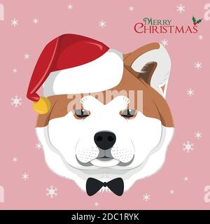 Weihnachtskarte. Akita Inu Hund mit rotem Weihnachtsmann Hut und Fliege Stock Vektor