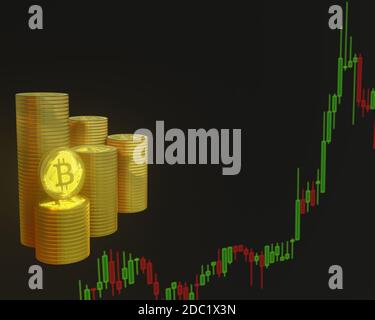 Bitcoin Trading Stock Market Data Chart. Virtuelles Kryptowährungskonzept. 3D-Rendering-Bild Stockfoto