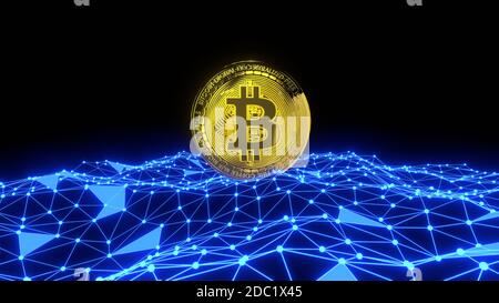 Bitcoin Goldmünze auf Polygonen Plexus Hintergrund. Kryptowährung Konzept. 3D-Rendering-Bild Stockfoto