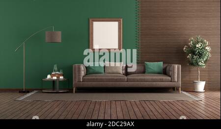 Grünes Wohnzimmer mit Ledersofa vor einem Holzplatte - 3d-Rendering Stockfoto