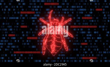 Gefährliche leuchtend rote Low-Poly-Spider über binären Code-Hintergrund - stilisierte Hacker-Angriff im Matrix-Stil - Ziffern in blau und durchscheinende rote Farbe auf schwarzem Hintergrund Stockfoto